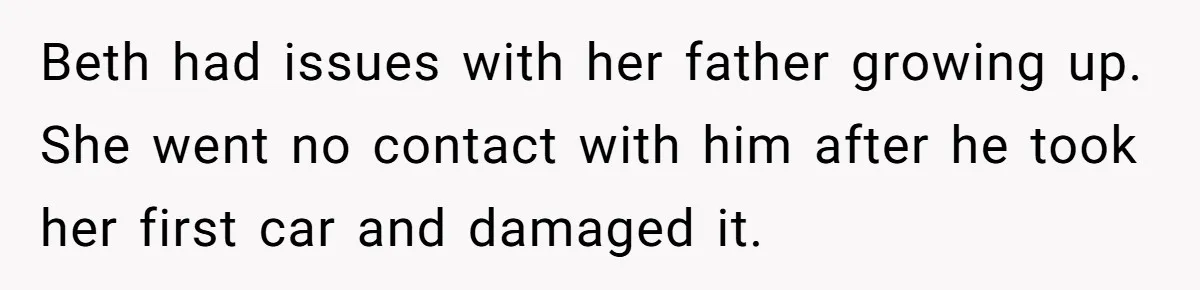 Woman Tells SIL Her Husband Shouldn’t Walk Her Down The Aisle, Says It Should Be Her Father’s Job Beth had issues with her father growing up. She went no contact with him after he took her first car and damaged it.
