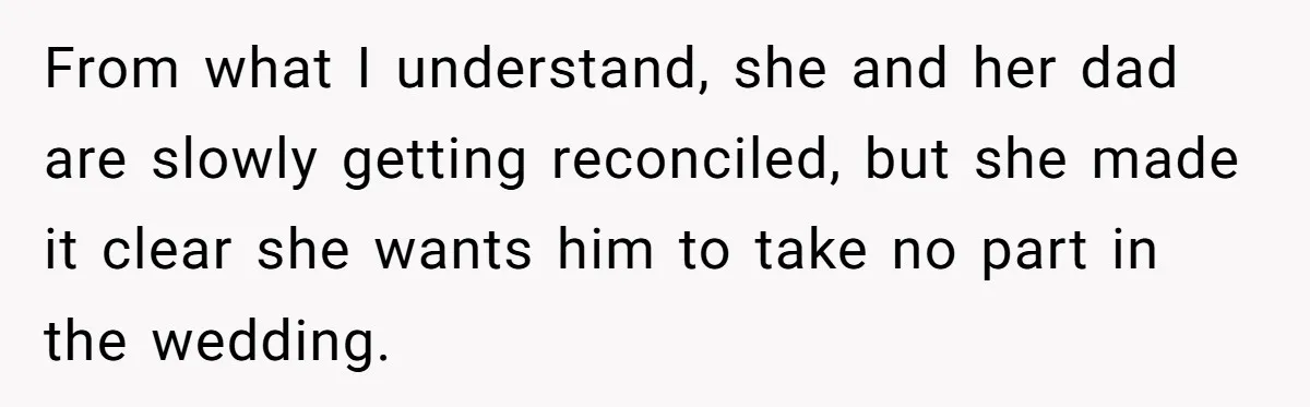 Woman Tells SIL Her Husband Shouldn’t Walk Her Down The Aisle, Says It Should Be Her Father’s Job From what I understand, she and her dad are slowly getting reconciled, but she made it clear she wants him to take no part in the wedding.