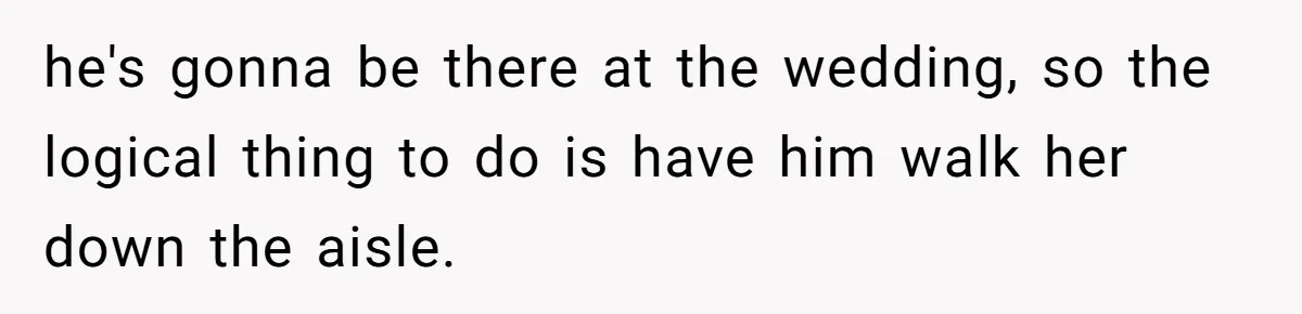 Woman Tells SIL Her Husband Shouldn’t Walk Her Down The Aisle, Says It Should Be Her Father’s Job he's gonna be there at the wedding, so the logical thing to do is have him walk her down the aisle.