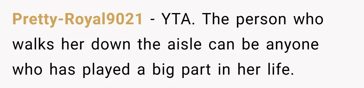 Woman Tells SIL Her Husband Shouldn’t Walk Her Down The Aisle, Says It Should Be Her Father’s Job Pretty-Royal9021 − YTA. The person who walks her down the aisle can be anyone who has played a big part in her life.