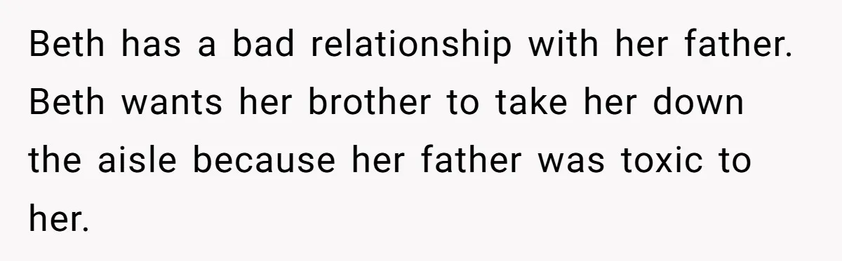 Woman Tells SIL Her Husband Shouldn’t Walk Her Down The Aisle, Says It Should Be Her Father’s Job Beth has a bad relationship with her father. Beth wants her brother to take her down the aisle because her father was toxic to her.