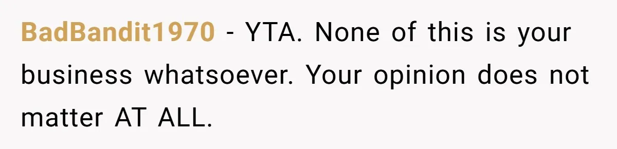 Woman Tells SIL Her Husband Shouldn’t Walk Her Down The Aisle, Says It Should Be Her Father’s Job BadBandit1970 − YTA. None of this is your business whatsoever. Your opinion does not matter AT ALL.