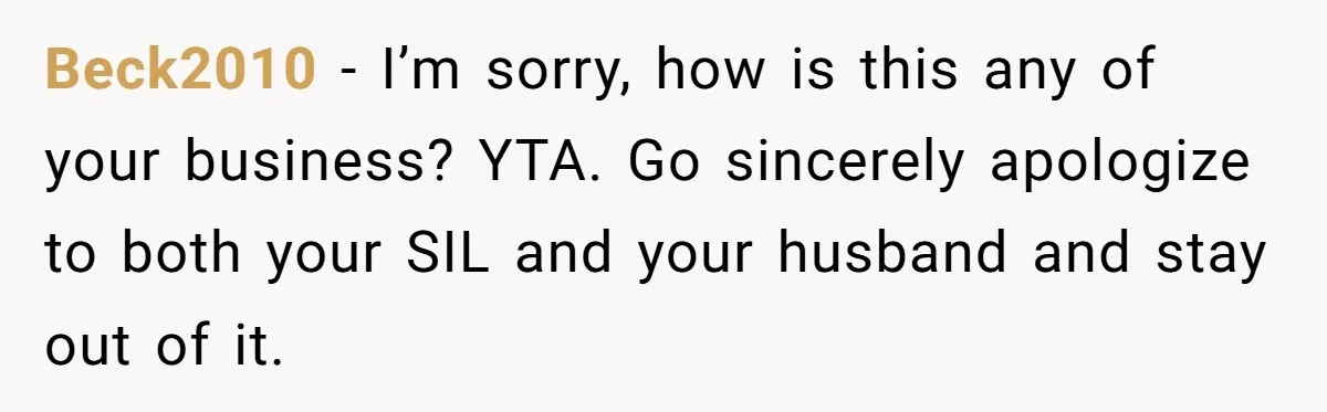 Woman Tells SIL Her Husband Shouldn’t Walk Her Down The Aisle, Says It Should Be Her Father’s Job Beck2010 − I’m sorry, how is this any of your business? YTA. Go sincerely apologize to both your SIL and your husband and stay out of it.