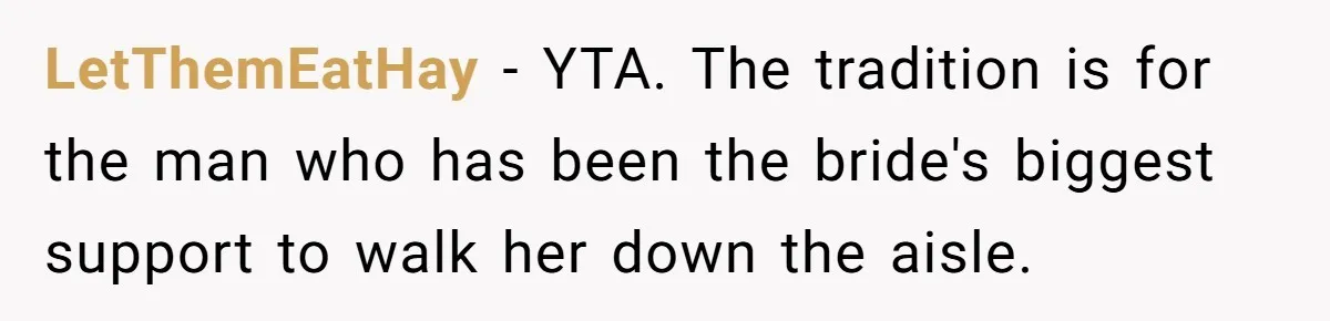 Woman Tells SIL Her Husband Shouldn’t Walk Her Down The Aisle, Says It Should Be Her Father’s Job LetThemEatHay − YTA. The tradition is for the man who has been the bride's biggest support to walk her down the aisle.