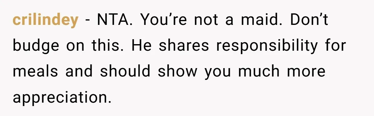 Husband Throws Fit Because Wife Can’t Have Hot Dinner Ready, Despite Her Exhausting Work And Child Care crilindey − NTA. You’re not a maid. Don’t budge on this. He shares responsibility for meals and should show you much more appreciation.