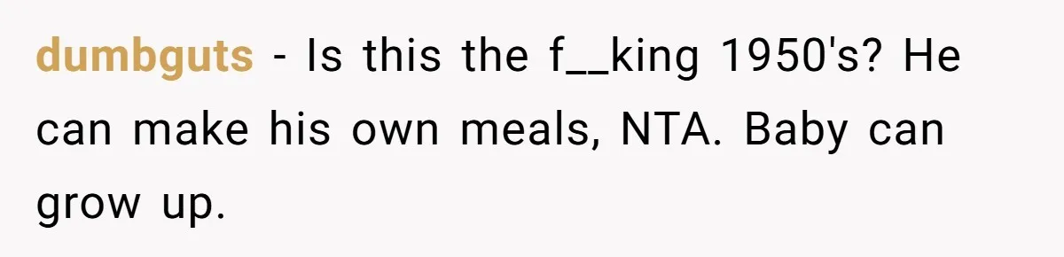 Husband Throws Fit Because Wife Can’t Have Hot Dinner Ready, Despite Her Exhausting Work And Child Care dumbguts − Is this the f__king 1950's? He can make his own meals, NTA. Baby can grow up.
