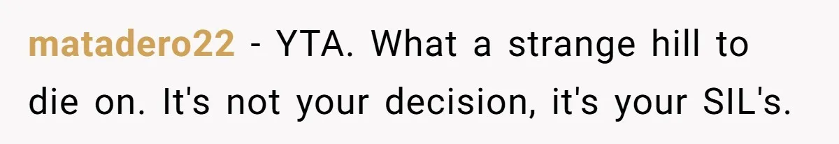 Woman Tells SIL Her Husband Shouldn’t Walk Her Down The Aisle, Says It Should Be Her Father’s Job matadero22 − YTA. What a strange hill to die on. It's not your decision, it's your SIL's.
