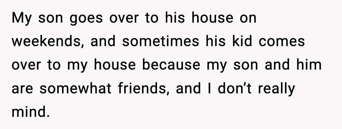 Disney Trip Turns Explosive When Ex Insists His Affair Baby Gets A Free Ride My son goes over to his house on weekends, and sometimes his kid comes over to my house because my son and him are somewhat friends, and I don’t really...