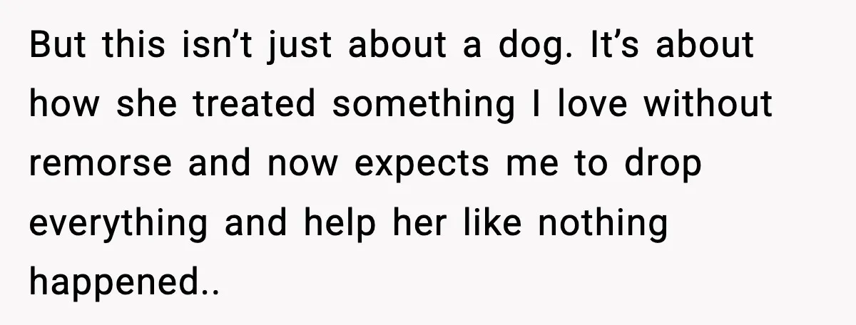 Family Divides After Sister Locks Dog Away and Still Expects Unconditional Support But this isn’t just about a dog. It’s about how she treated something I love without remorse and now expects me to drop everything and help her like nothing happened..
