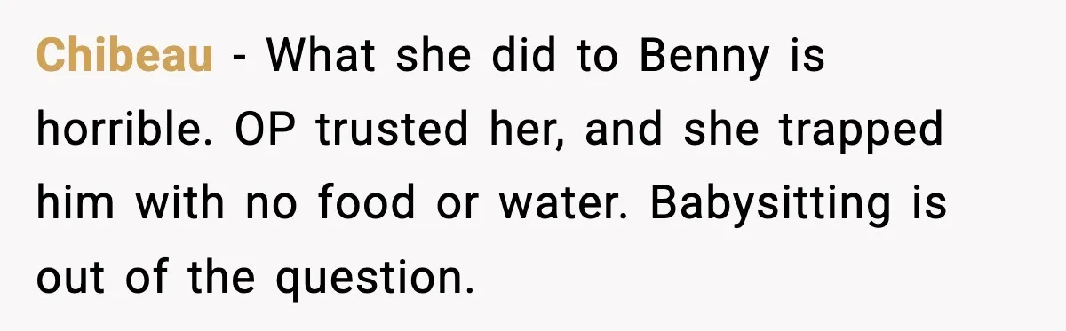 Family Divides After Sister Locks Dog Away and Still Expects Unconditional Support Chibeau - What she did to Benny is horrible. OP trusted her, and she trapped him with no food or water. Babysitting is out of the question.