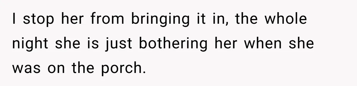 Husband Tells Wife Her MIL Will “Never Love Her” And To Stop Trying, Marriage Blows Up I stop her from bringing it in, the whole night she is just bothering her when she was on the porch.