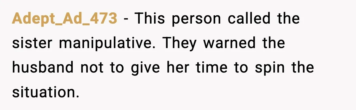 Husband Stunned When Sister-in-Law Tries to Replace His Pregnant Wife Adept_Ad_473 - This person called the sister manipulative. They warned the husband not to give her time to spin the situation.
