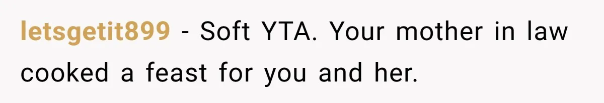 Husband Tells Wife Her MIL Will “Never Love Her” And To Stop Trying, Marriage Blows Up letsgetit899 − Soft YTA. Your mother in law cooked a feast for you and her.