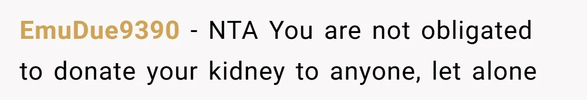 “Ask Your Husband”: Man Denies Sister’s Organ Request After She Married His High School Bully EmuDue9390 − NTA You are not obligated to donate your kidney to anyone, let alone