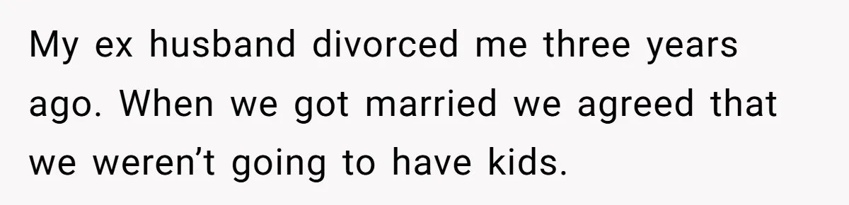 He Left Her to Become a Dad, Now He Wants His Child-Free Life (and Wife) Back My ex husband divorced me three years ago. When we got married we agreed that we weren’t going to have kids.