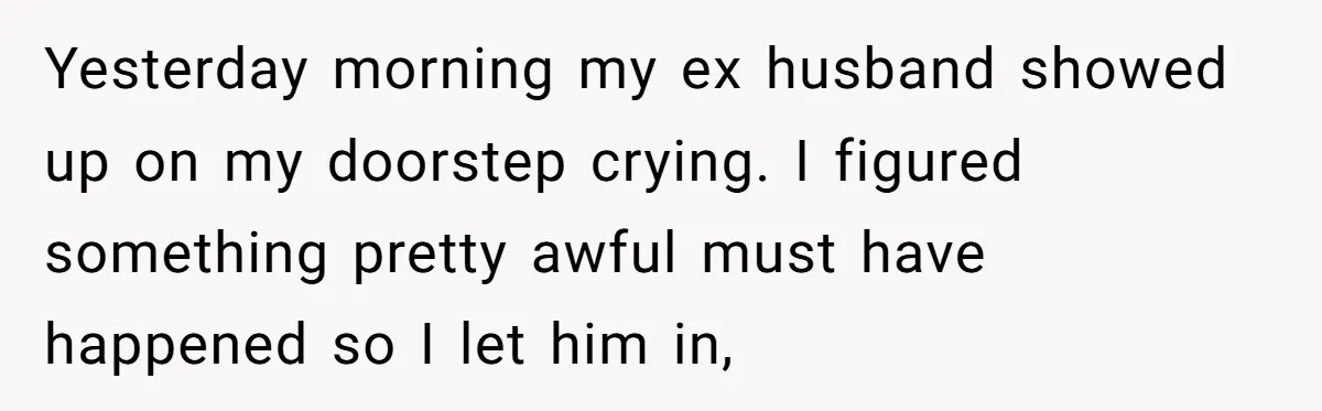 He Left Her to Become a Dad, Now He Wants His Child-Free Life (and Wife) Back Yesterday morning my ex husband showed up on my doorstep crying. I figured something pretty awful must have happened so I let him in,