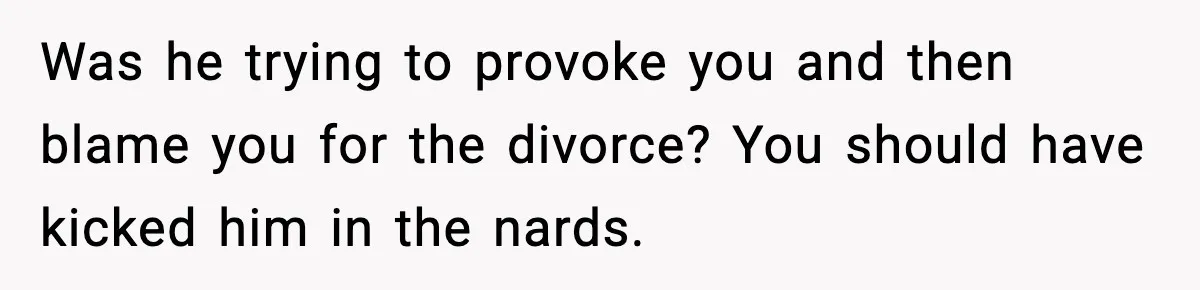 Wife Reacts After Husband Repeatedly Violates Her Boundaries, He Punches Her—Is She At Fault? Was he trying to provoke you and then blame you for the divorce? You should have kicked him in the nards.
