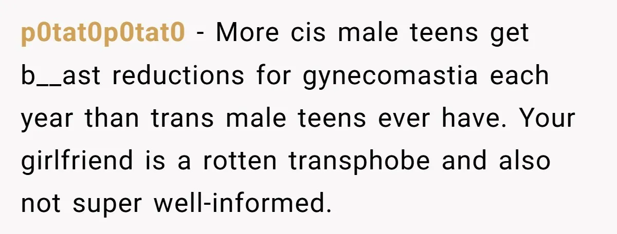 Girlfriend Demands He Evict His Roommate Over Suspicious Scars and Instantly Regrets It p0tat0p0tat0 − More cis male teens get b__ast reductions for gynecomastia each year than trans male teens ever have. Your girlfriend is a rotten transphobe and also not super well-informed.