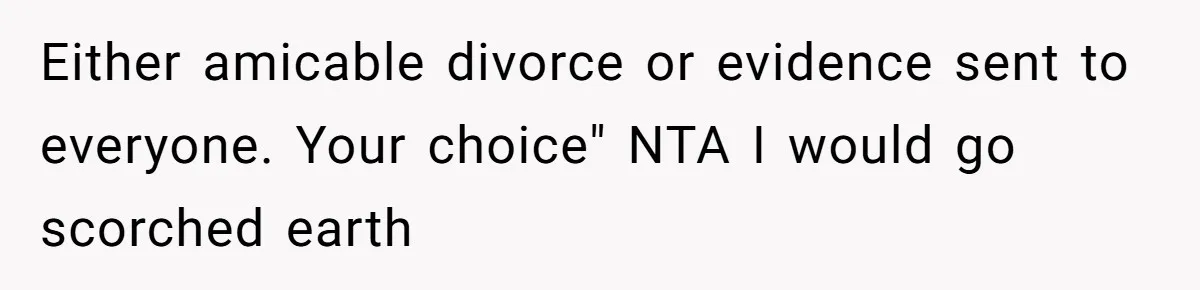 Wife Cheats For Eight Years, Then Accuses Husband Of “Blindsiding” Her With Divorce Either amicable divorce or evidence sent to everyone. Your choice" NTA I would go scorched earth