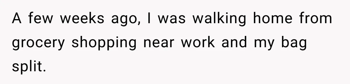 Fellow Employee Destroys Coworker’s Double Life After One Simple Grocery Run A few weeks ago, I was walking home from grocery shopping near work and my bag split.