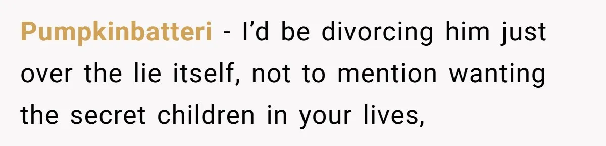 Wife Threatens Divorce When Husband Demands She Raise Kids He Hid From Her Pumpkinbatteri − I’d be divorcing him just over the lie itself, not to mention wanting the secret children in your lives,