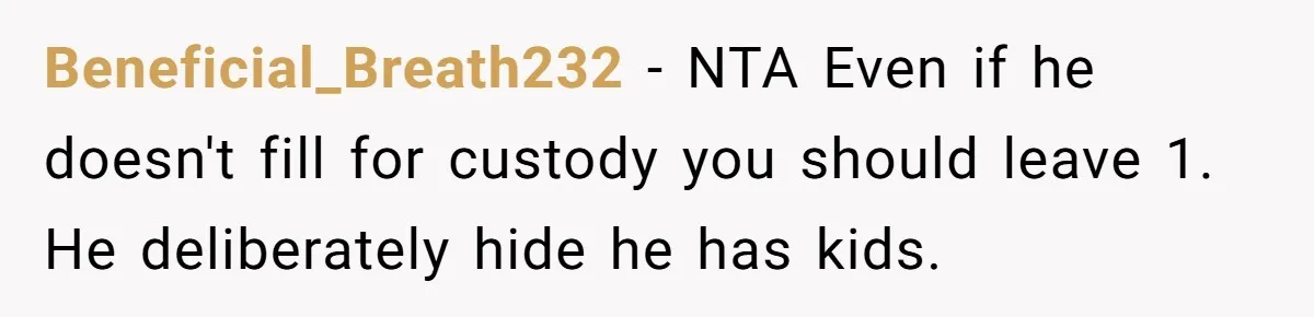 Wife Threatens Divorce When Husband Demands She Raise Kids He Hid From Her Beneficial_Breath232 − NTA Even if he doesn't fill for custody you should leave 1. He deliberately hide he has kids.
