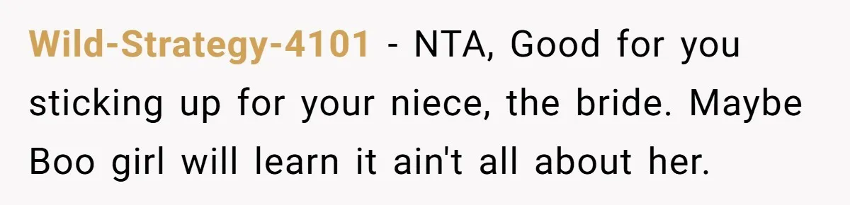 Aunt Claps As Pregnant Niece Gets Booed At Sister’s Wedding, Then Tells Her To Grow Up Wild-Strategy-4101 − NTA, Good for you sticking up for your niece, the bride. Maybe Boo girl will learn it ain't all about her.