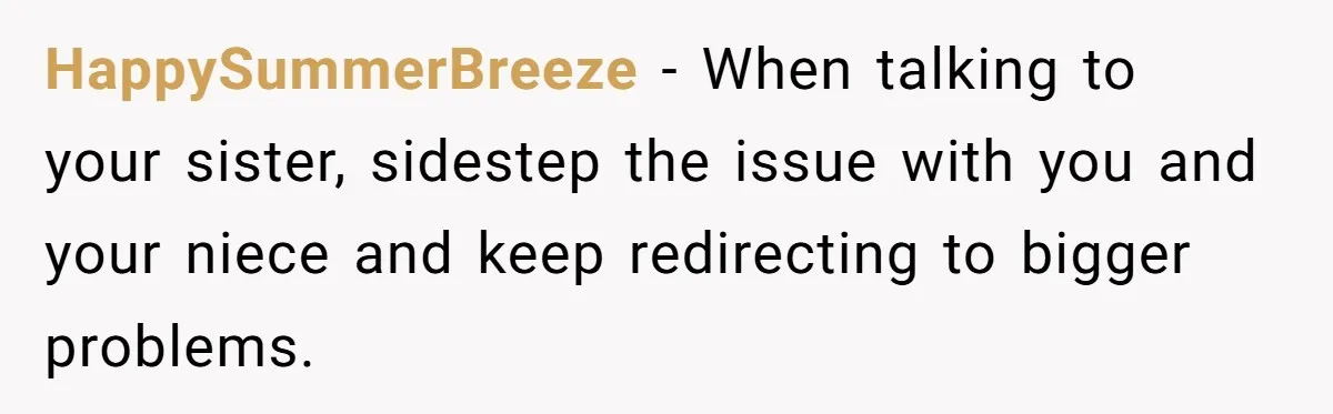 Aunt Claps As Pregnant Niece Gets Booed At Sister’s Wedding, Then Tells Her To Grow Up HappySummerBreeze − When talking to your sister, sidestep the issue with you and your niece and keep redirecting to bigger problems.