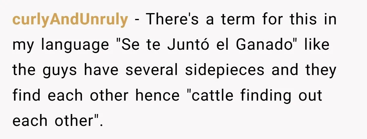 Girlfriend Uncovers Boyfriend Cheating On Warning Group, His Attitude At Her For Exposing Him Shocks Back curlyAndUnruly − There's a term for this in my language "Se te Juntó el Ganado" like the guys have several sidepieces and they find each other hence "cattle finding out...