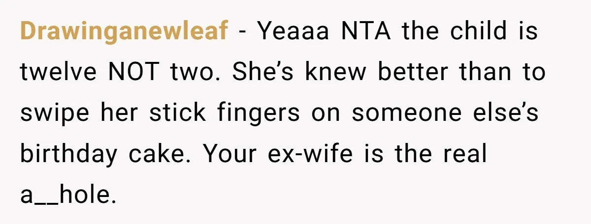 Drawinganewleaf − Yeaaa NTA the child is twelve NOT two. She’s knew better than to swipe her stick fingers on someone else’s birthday cake. Your ex-wife is the real a__hole.