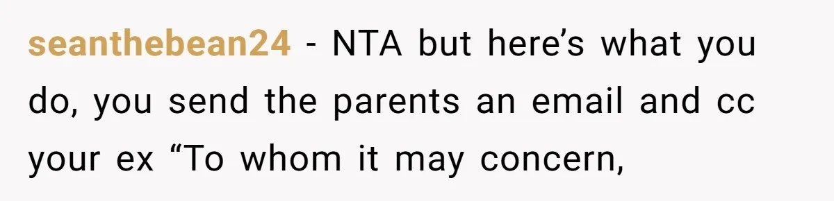 seanthebean24 − NTA but here’s what you do, you send the parents an email and cc your ex “To whom it may concern,