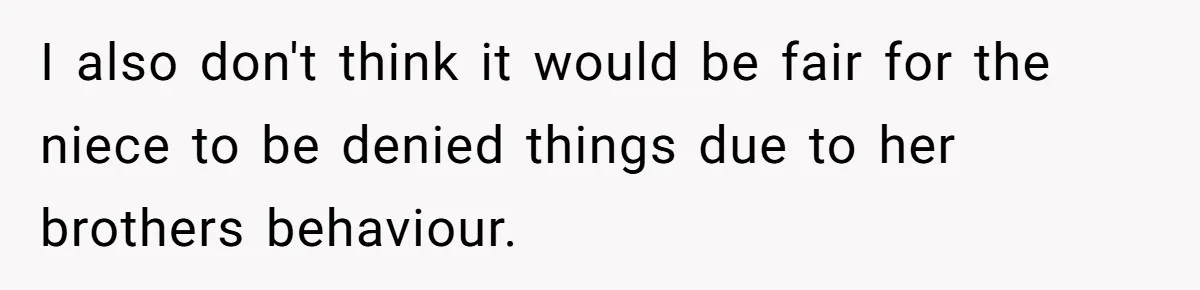 Aunt Sends Brother Detailed Damage List After What His Uncontrollable Son Did To Her Stuffs I also don't think it would be fair for the niece to be denied things due to her brothers behaviour.