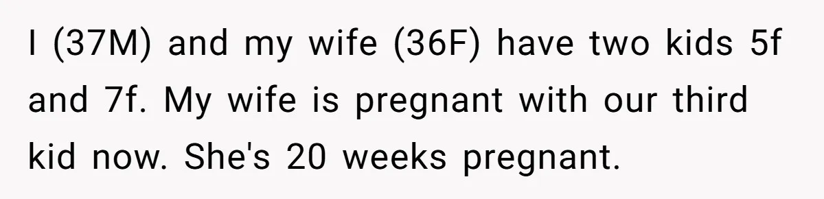 I (37M) and my wife (36F) have two kids 5f and 7f. My wife is pregnant with our third kid now. She's 20 weeks pregnant.