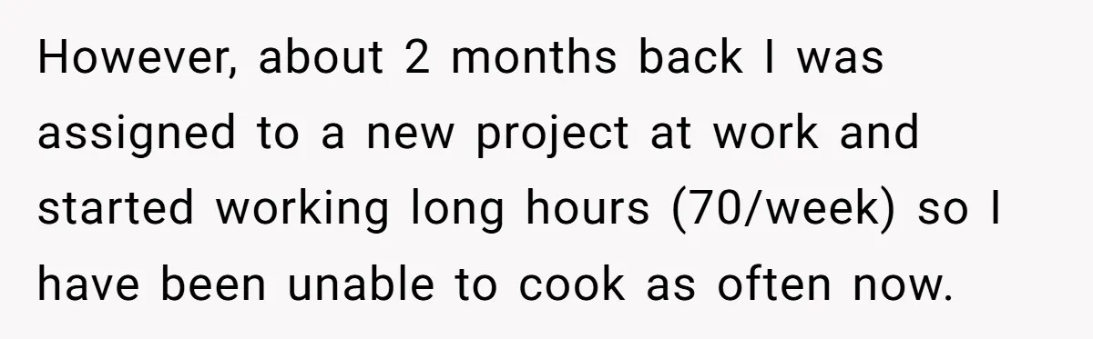 However, about 2 months back I was assigned to a new project at work and started working long hours (70/week) so I have been unable to cook as often now.
