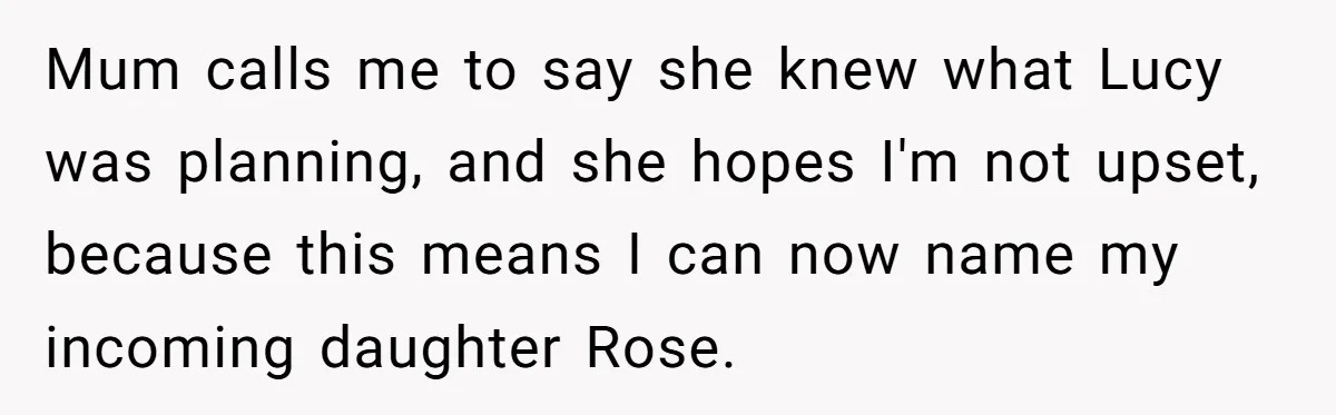 Family Sides With Sister Who Stole OP's Baby Name, Now They Want OP To Change Hers Twice Mum calls me to say she knew what Lucy was planning, and she hopes I'm not upset, because this means I can now name my incoming daughter Rose.