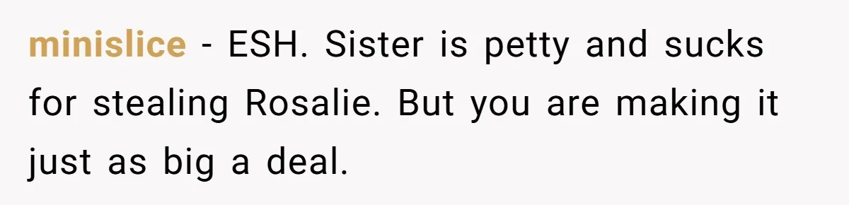Family Sides With Sister Who Stole OP's Baby Name, Now They Want OP To Change Hers Twice minislice − ESH. Sister is petty and sucks for stealing Rosalie. But you are making it just as big a deal.