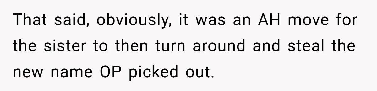 Family Sides With Sister Who Stole OP's Baby Name, Now They Want OP To Change Hers Twice That said, obviously, it was an AH move for the sister to then turn around and steal the new name OP picked out.