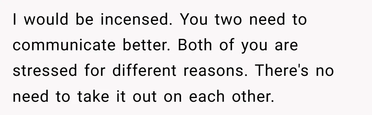 I would be incensed. You two need to communicate better. Both of you are stressed for different reasons. There's no need to take it out on each other.