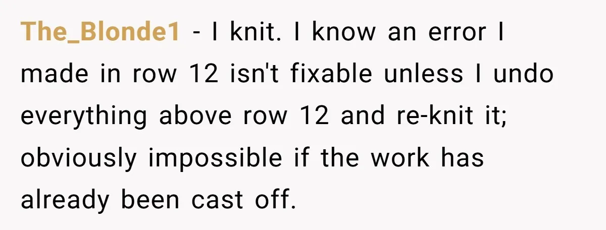 She Spent Weeks Crocheting a Blanket - Then Her Sister-in-Law Demanded She “Fix” It The_Blonde1 − I knit. I know an error I made in row 12 isn't fixable unless I undo everything above row 12 and re-knit it; obviously impossible if the work...