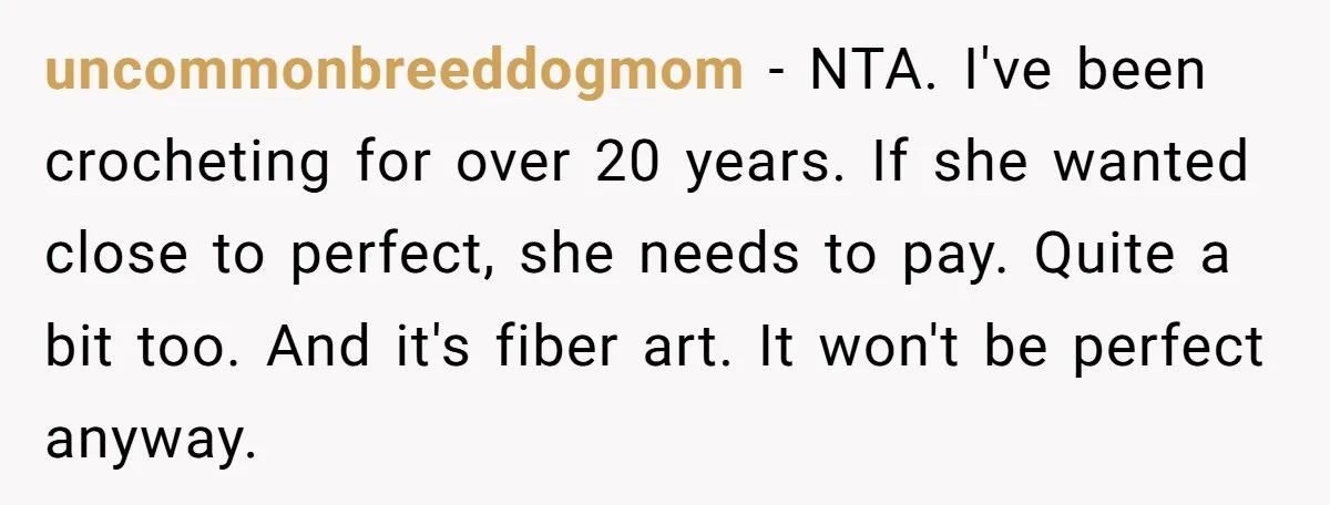 She Spent Weeks Crocheting a Blanket - Then Her Sister-in-Law Demanded She “Fix” It uncommonbreeddogmom − NTA. I've been crocheting for over 20 years. If she wanted close to perfect, she needs to pay. Quite a bit too. And it's fiber art. It won't...