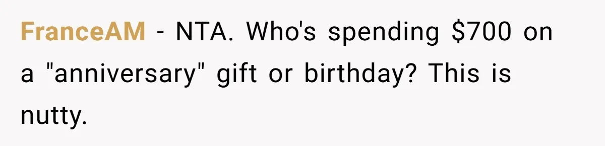 Boyfriend Refuses To Spend $700 On Girlfriend's Plane Ticket, Faces Her Ultimatum And Threat FranceAM − NTA. Who's spending $700 on a "anniversary" gift or birthday? This is nutty.