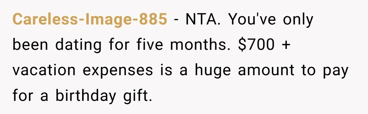 Boyfriend Refuses To Spend $700 On Girlfriend's Plane Ticket, Faces Her Ultimatum And Threat Careless-Image-885 − NTA. You've only been dating for five months. $700 + vacation expenses is a huge amount to pay for a birthday gift.