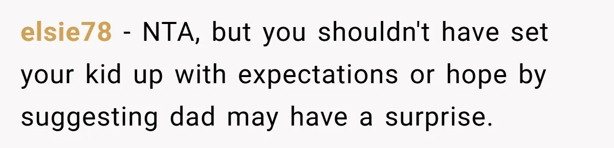 elsie78 − NTA, but you shouldn't have set your kid up with expectations or hope by suggesting dad may have a surprise.