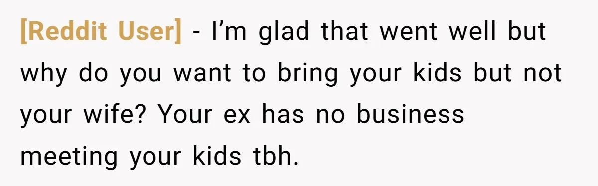 [Reddit User] − I’m glad that went well but why do you want to bring your kids but not your wife? Your ex has no business meeting your kids tbh.