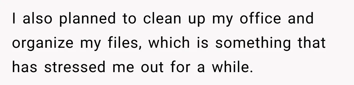 His Wife Hijacked His Entire Staycation - and Now He’s One Snap Away from Exploding I also planned to clean up my office and organize my files, which is something that has stressed me out for a while.