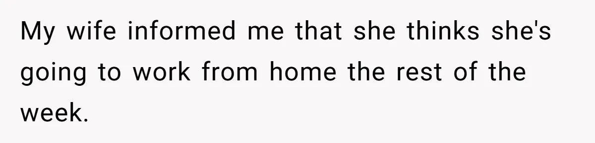 His Wife Hijacked His Entire Staycation - and Now He’s One Snap Away from Exploding My wife informed me that she thinks she's going to work from home the rest of the week.