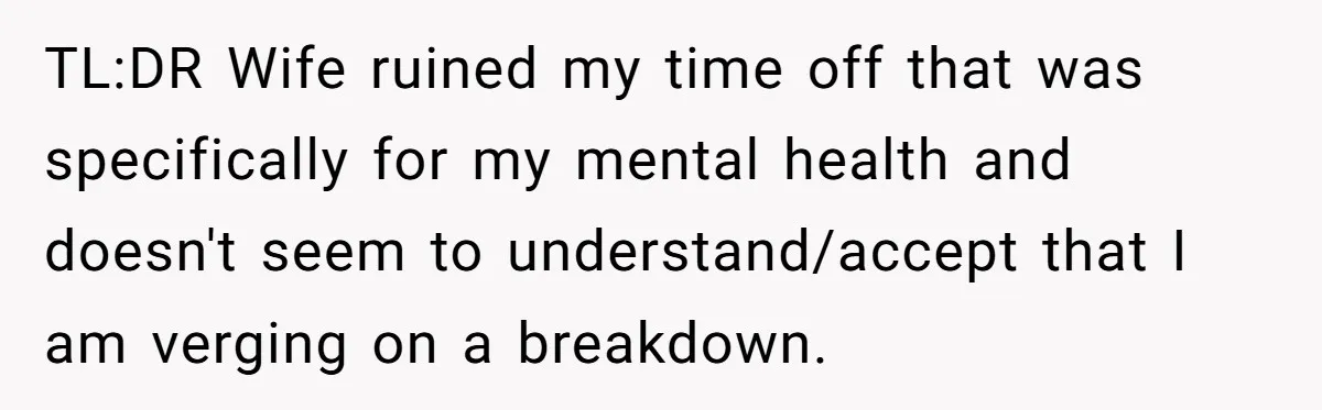 His Wife Hijacked His Entire Staycation - and Now He’s One Snap Away from Exploding TL:DR Wife ruined my time off that was specifically for my mental health and doesn't seem to understand/accept that I am verging on a breakdown.