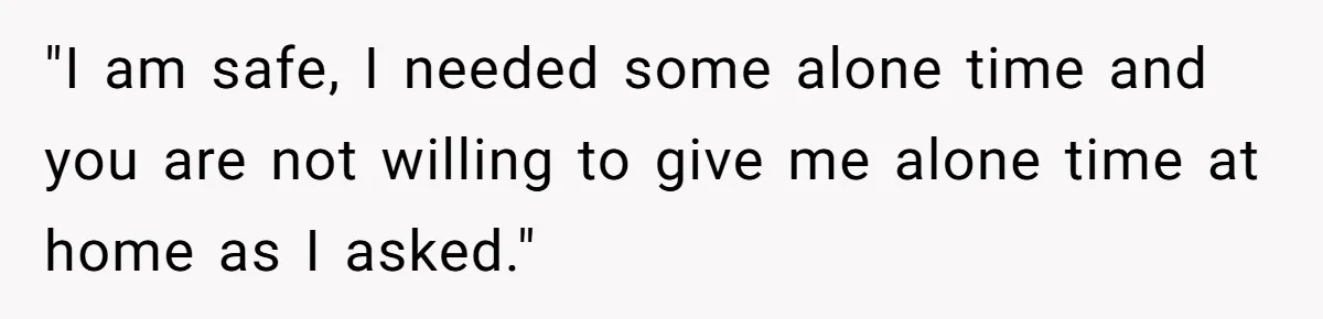 His Wife Hijacked His Entire Staycation - and Now He’s One Snap Away from Exploding "I am safe, I needed some alone time and you are not willing to give me alone time at home as I asked."