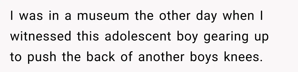 Fed-Up Woman Terrifies Cocky Camaro Driver With One Chilling Line After He Steals Her Airport Spot I was in a museum the other day when I witnessed this adolescent boy gearing up to push the back of another boys knees.