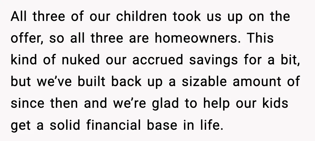 Uncle Denies Niece a House Down-Payment After Her Lavish Wedding All three of our children took us up on the offer, so all three are homeowners. This kind of nuked our accrued savings for a bit, but we’ve built back...